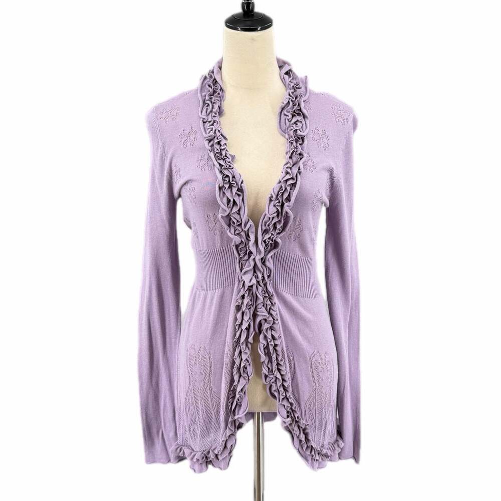 Boston Proper Lavender Ruffle Lightweight Knit Feminine Layering Casual Cardigan